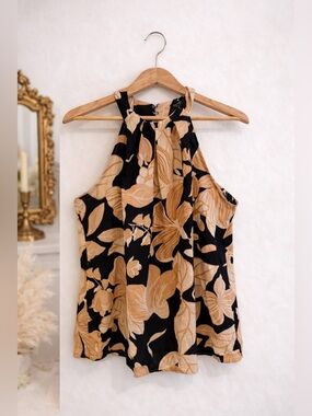 Rachel Zoe Floral Halter Blouse Black Beige Sleeveless Linen Blend Top Size L